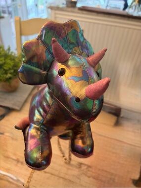 Iridescent Multicolor Triceratops Plush with Pink Horns Plush Bag